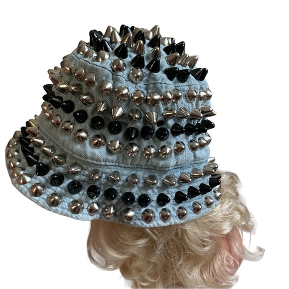 RARE Newhattan Mixed Metal Studs on Blue Denim Bucket Hat - Picture 3 of 10